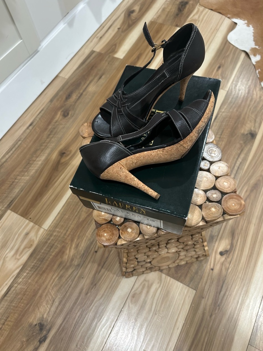 Ralph Lauren Black Leather Open-Toe Cork Heel Ankle-Strap Pumps